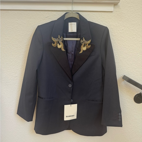 Sandro Paris Navy Blue Tailored Jacket With Jeweled Patches - Picture 3 of 6